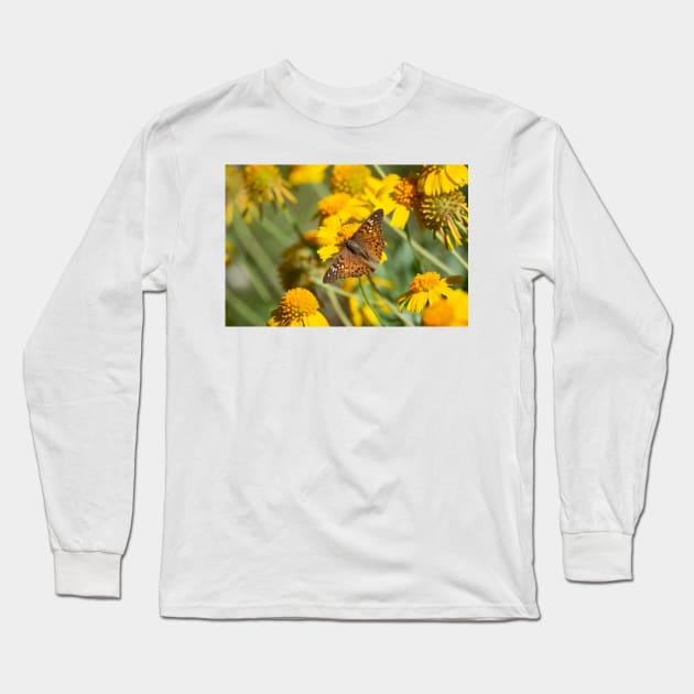 Hackberry Emperor and Huisache Daisy Wildflowers Long Sleeve T-Shirt by Debra Martz